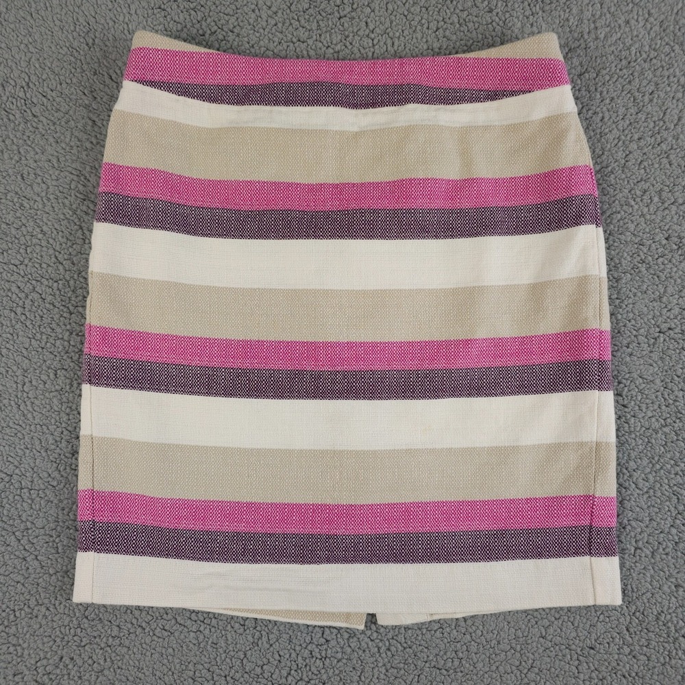 Ann Taylor Skirt Womens 8P Petite Cream Pink Striped Pencil Twill Lined Vent